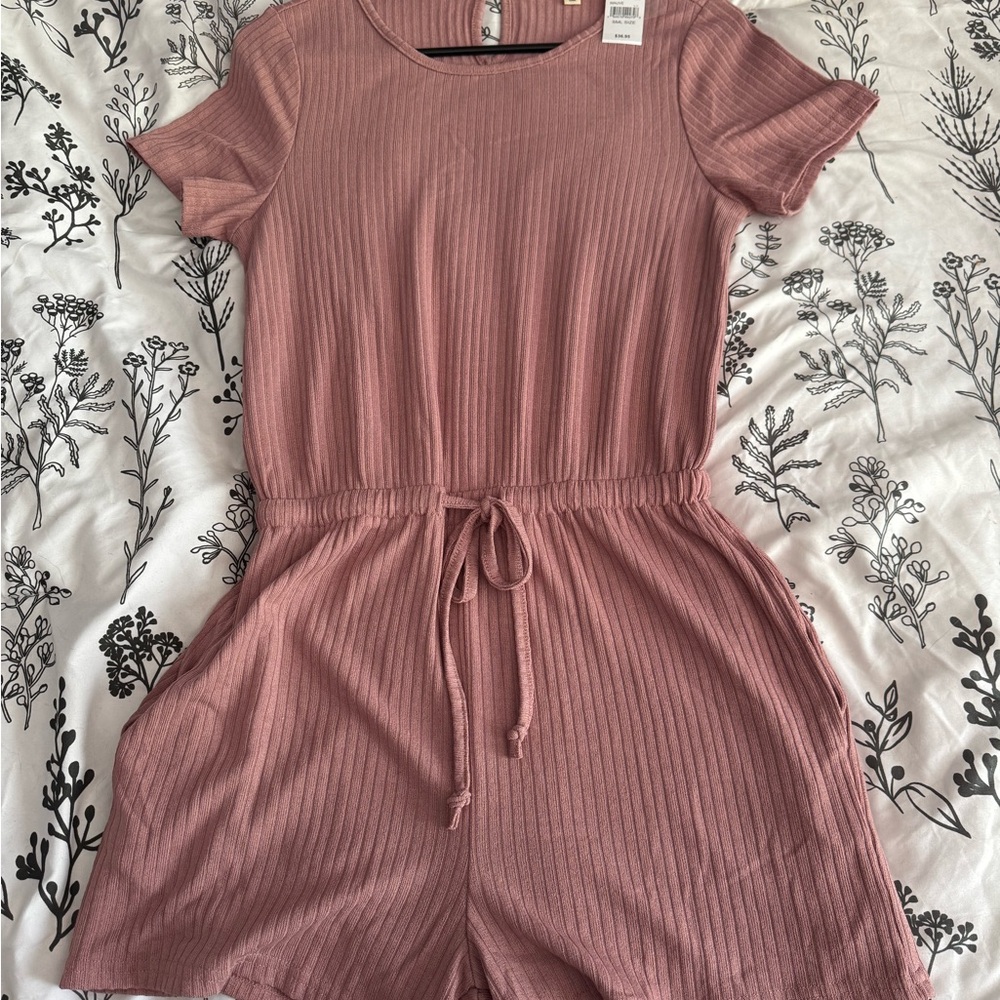 Pink Ribbed Short Sleeve Romper